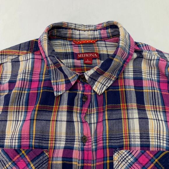 Merona Womens Large Pink Blue Orange Plaid Long Sleeve Cotton Button Up Shirt - Picture 2 of 9